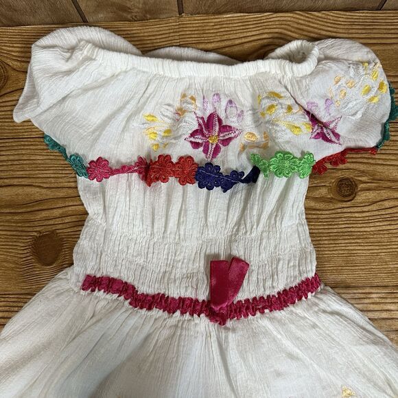 Embroidered Mexican Dress Girls White Flower Patterns 24” Length - Picture 2 of 16